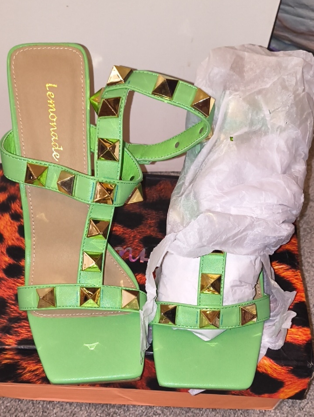 Lemon Bright Green Pyramid Stud Slide Sandals